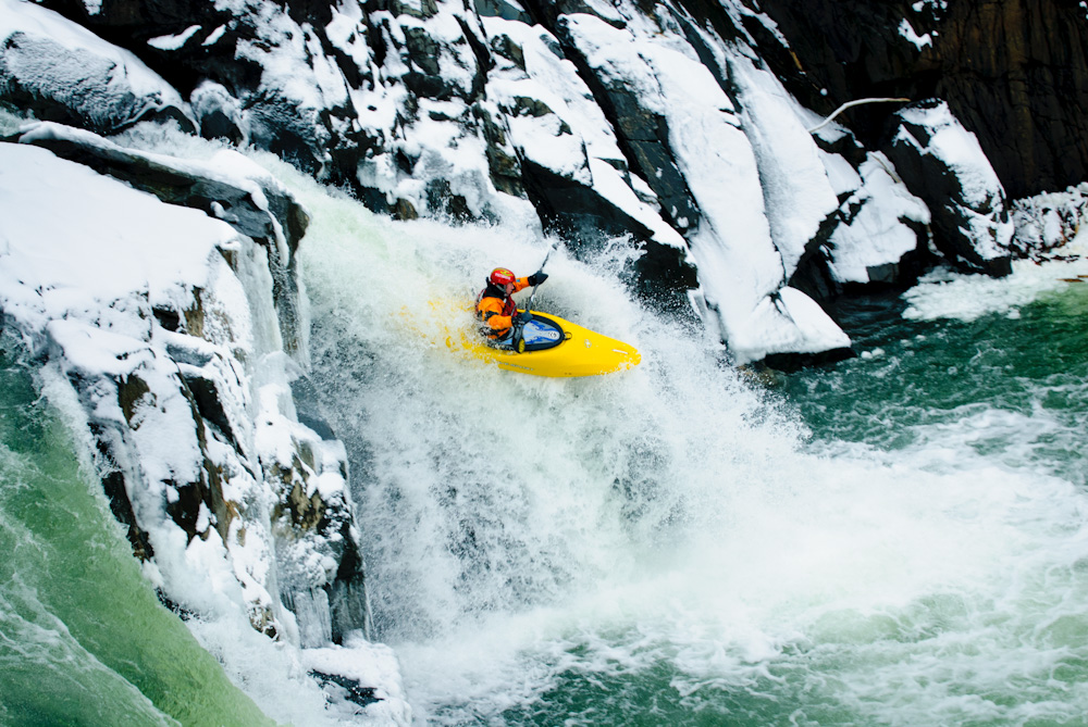 Jason Beakes runs the falls in winter.
