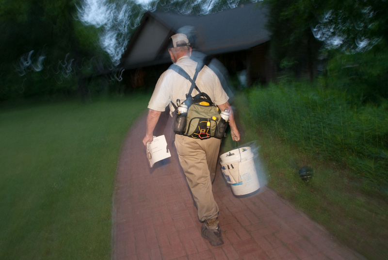 It's an early start at Jug Bay. Mike Quinlan is first to arrive at 6 AM. He opens all 14 nets situated around the sanctuary then helps lead the all volunteer crew as they capture, measure, weigh and band various song birds for the MAPS program.