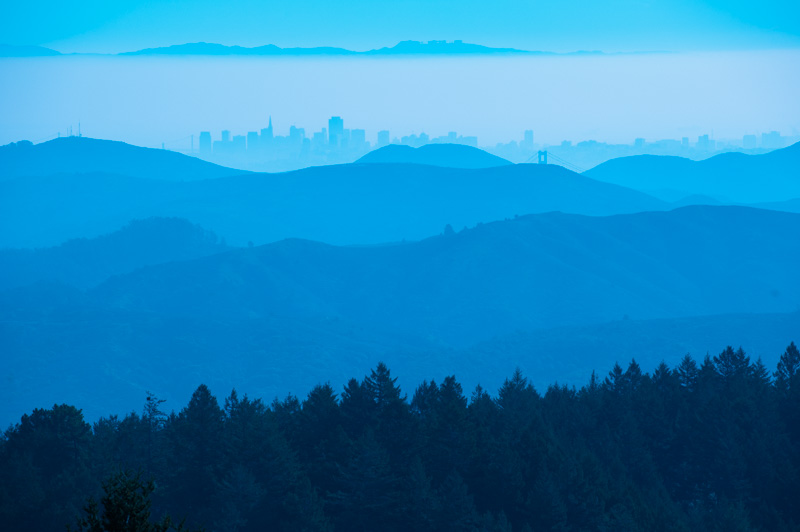 A city nestled in the fog. San Francisco viewed from Mt. Tamlapais.