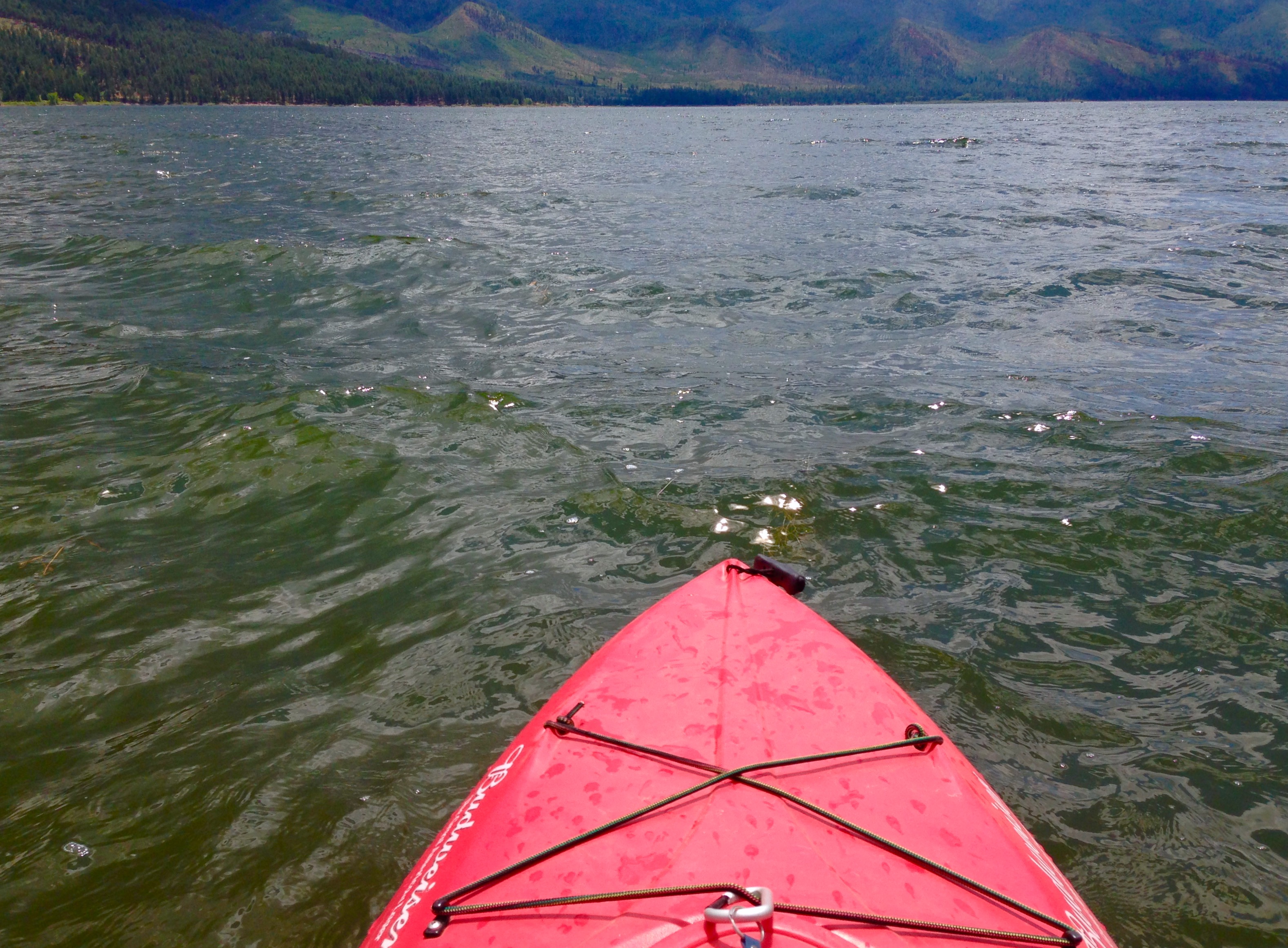 Kayaking Vallecito Reservoir. Photographer's point of view. Red kayak.