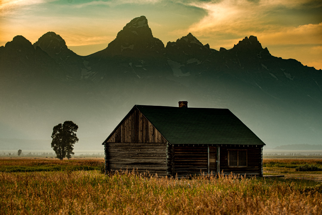 historic cabin at sunset. mormon row, grand teton NP