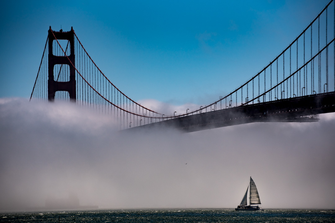 Golden Gate Bridge partially covered in fog with sailboat in foreground.